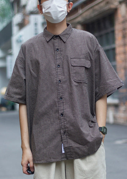 Plaid Peter Pan Collar Pockets Cotton Shirts Summer