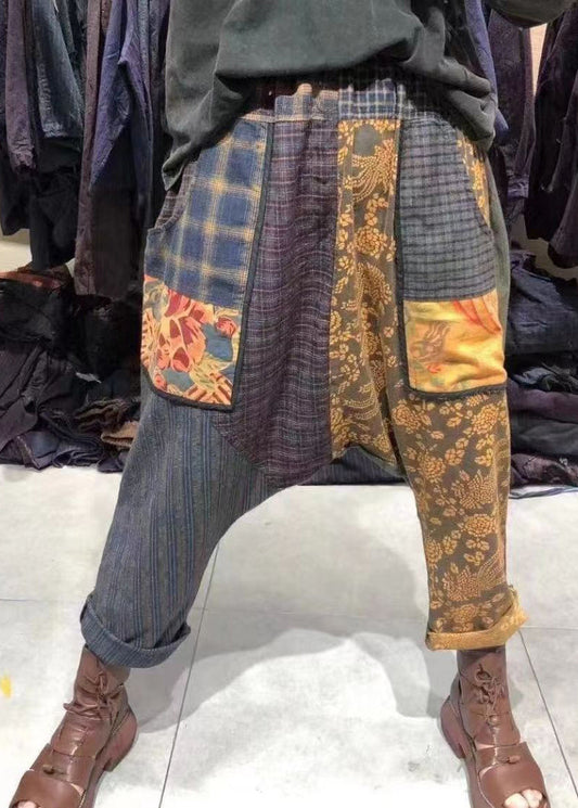 Plaid Pockets Elastic Waist Patchwork Cotton Harem Pants Fall