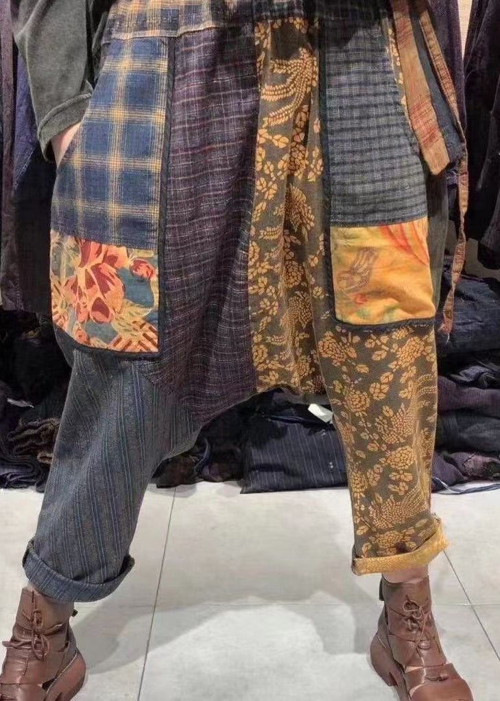 Plaid Pockets Elastic Waist Patchwork Cotton Harem Pants Fall