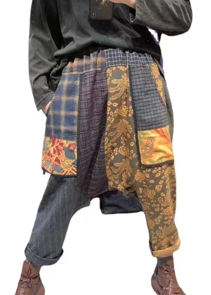 Plaid Pockets Elastic Waist Patchwork Cotton Harem Pants Fall