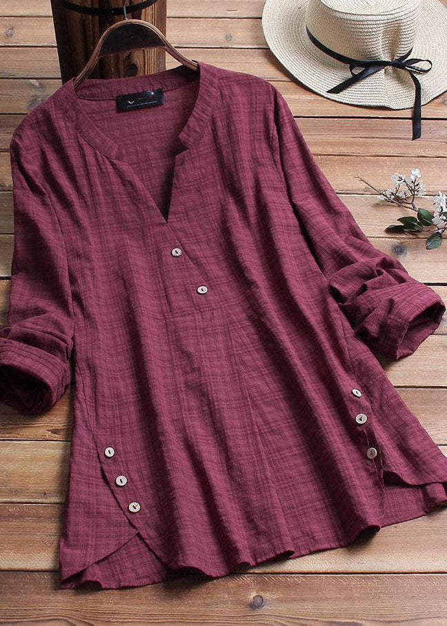 Plaid Side Button V-neck Long Sleeve Shirt Blouse
