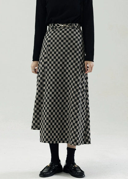 Plaid Side Open High Waist Cotton Skirt Fall