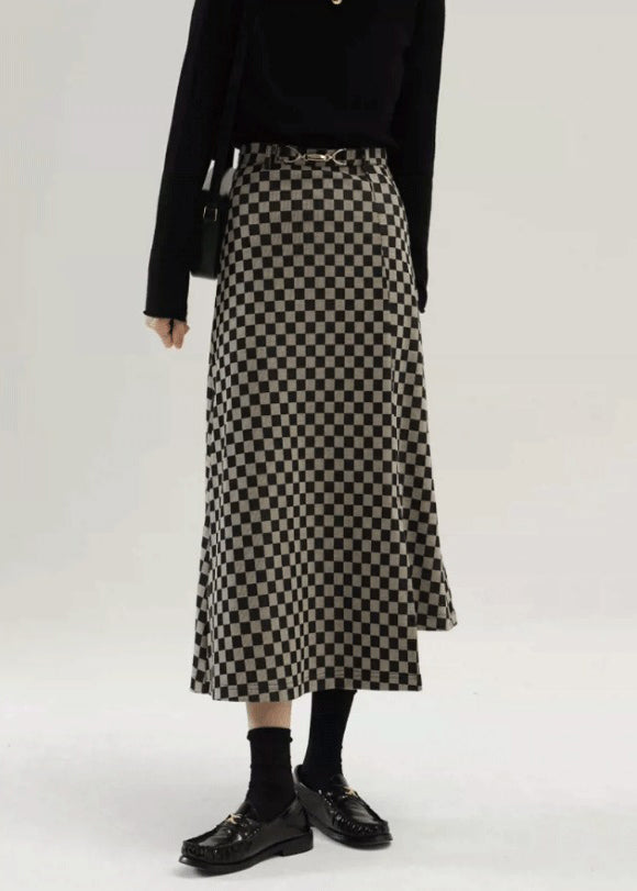 Plaid Side Open High Waist Cotton Skirt Fall