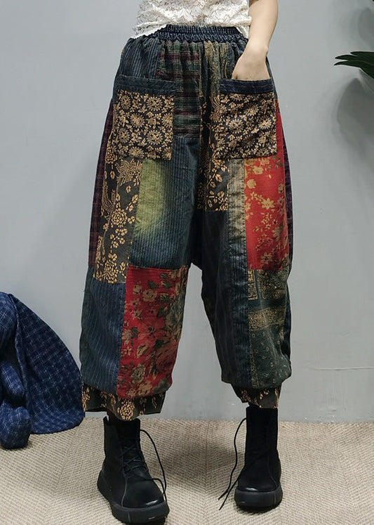 Pockets Print Elastic Waist Cotton Wide Leg Pants Fall