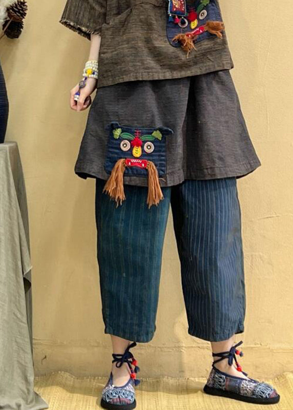 Pockets Striped Tassel Elastic Waist Linen Crop Pants Fall