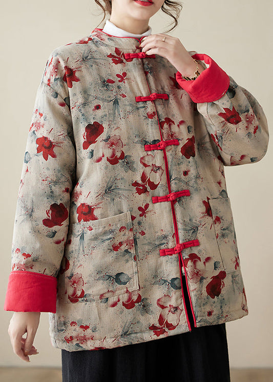 Print Button Pockets Thick Parka Stand Collar Winter
