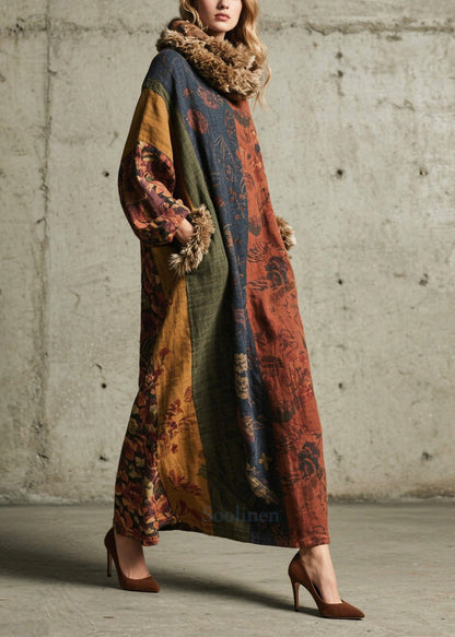 Print Patchwork Faux Fur Maxi Dresses Fall