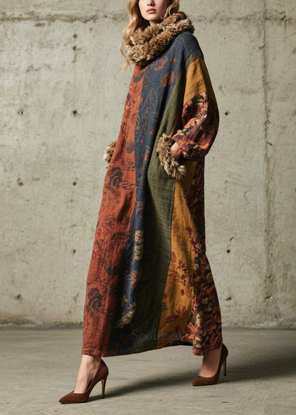 Print Patchwork Faux Fur Maxi Dresses Fall