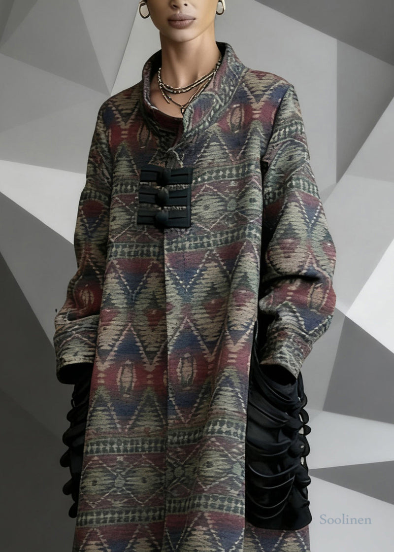 Print Pockets Patchwork Woolen Long Coat Spring