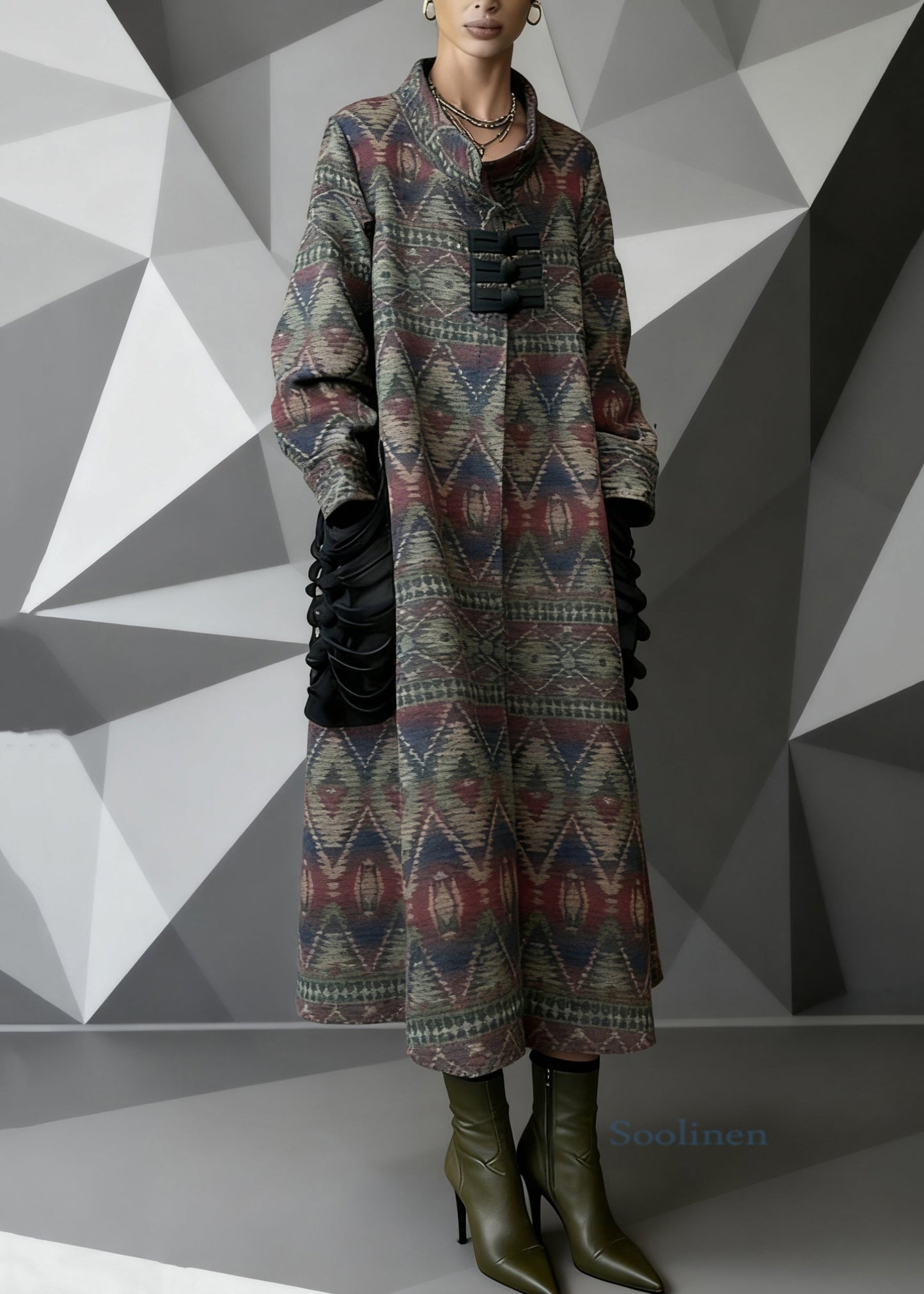 Print Pockets Patchwork Woolen Long Coat Spring