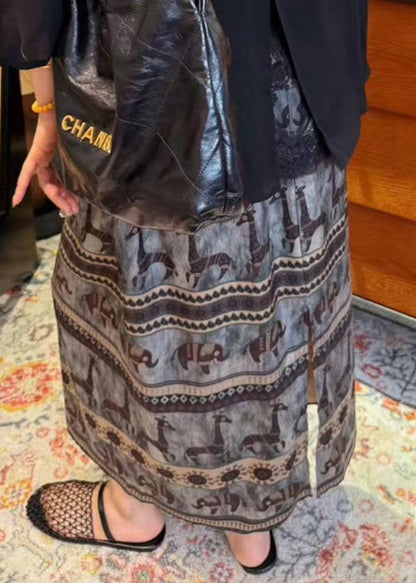 Print Side Open Elastic Waist Cotton Skirt Summer