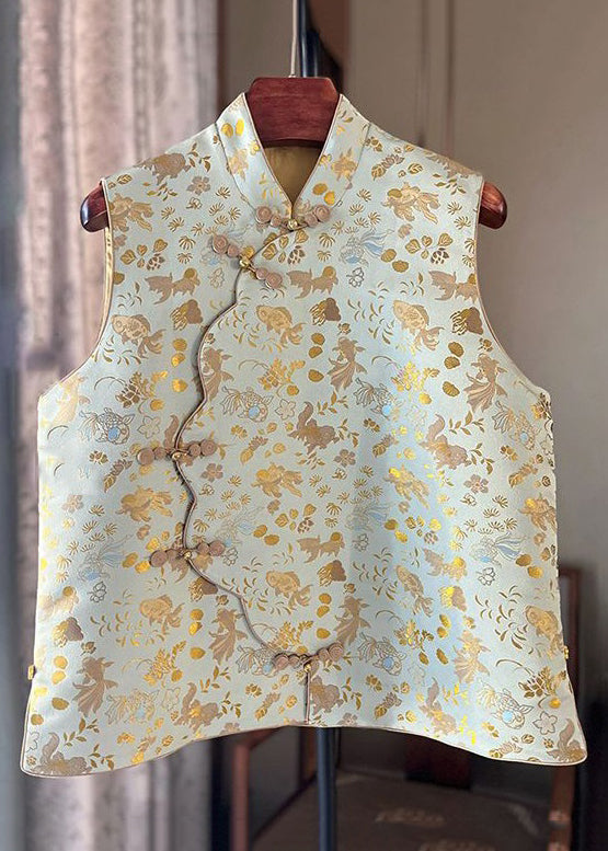 Print Stand Collar Button Cotton Waistcoat Sleeveless