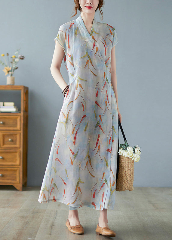 Print Tie Waist Linen Long Dress Summer