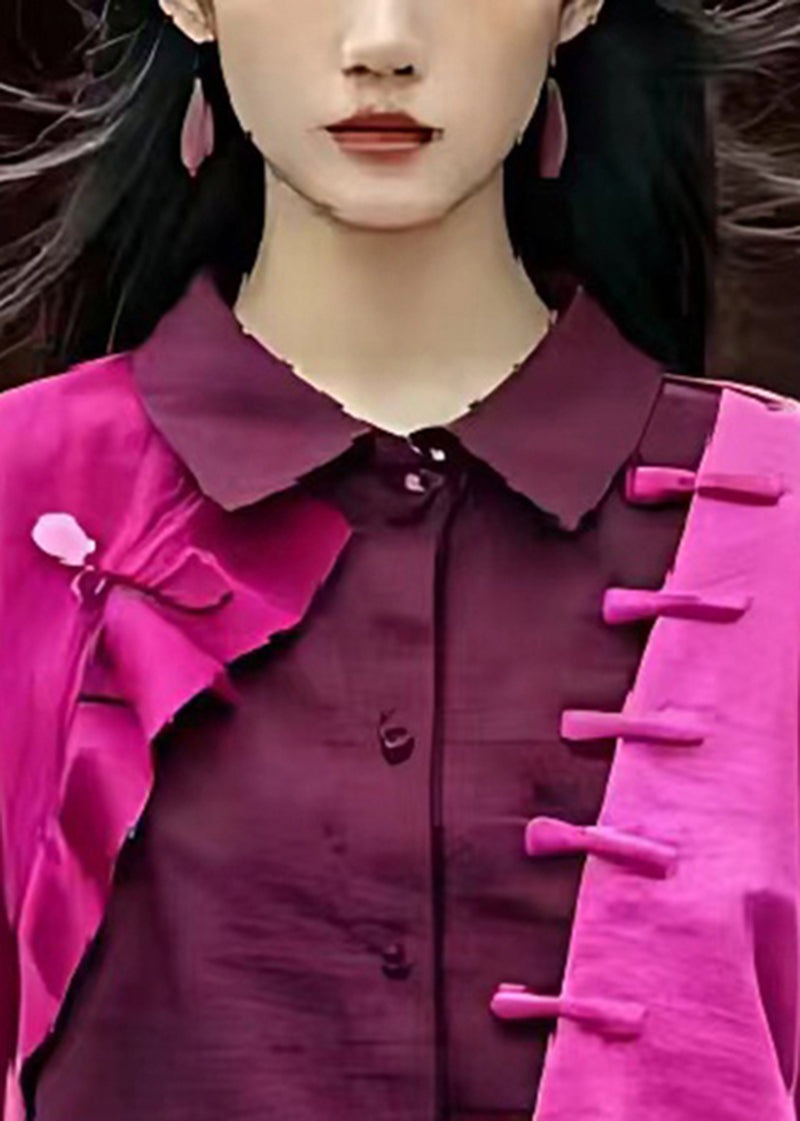 Purple Asymmetrical Patchwork Linen Shirt Top Summer