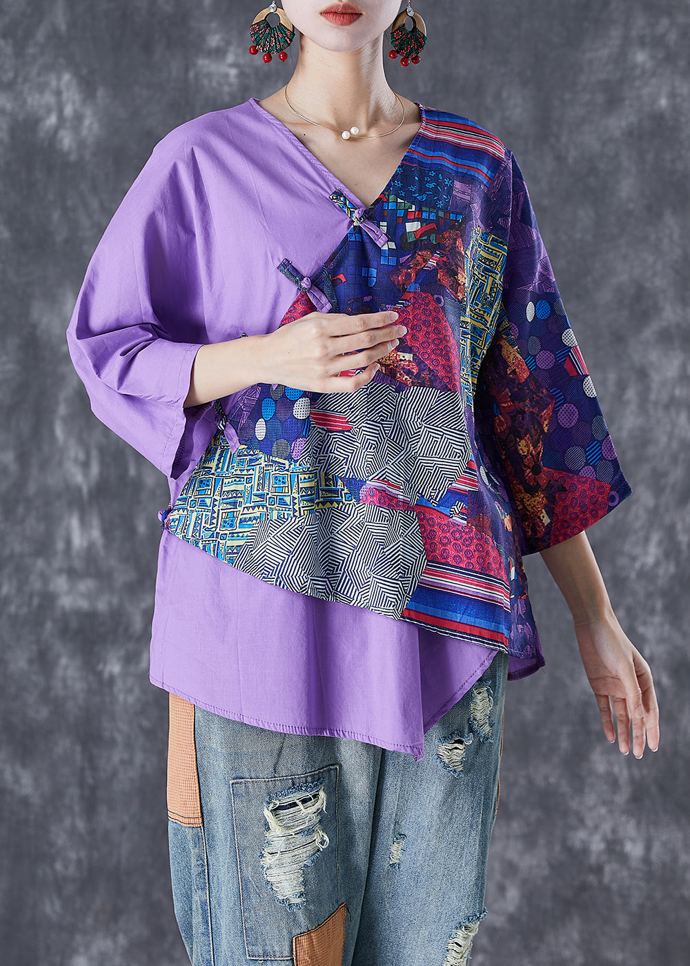 Purple Asymmetrical Print Linen Shirt Tops Summer
