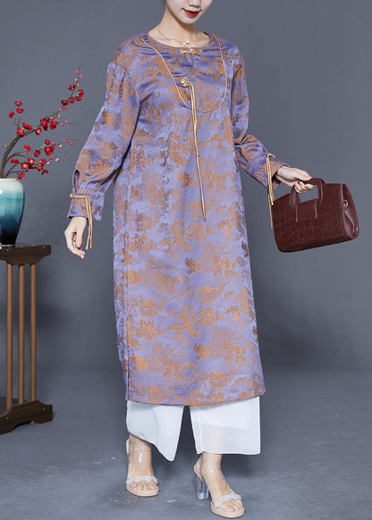Purple Chinese Button Tassel Jacquard Silk Long Dresses Spring