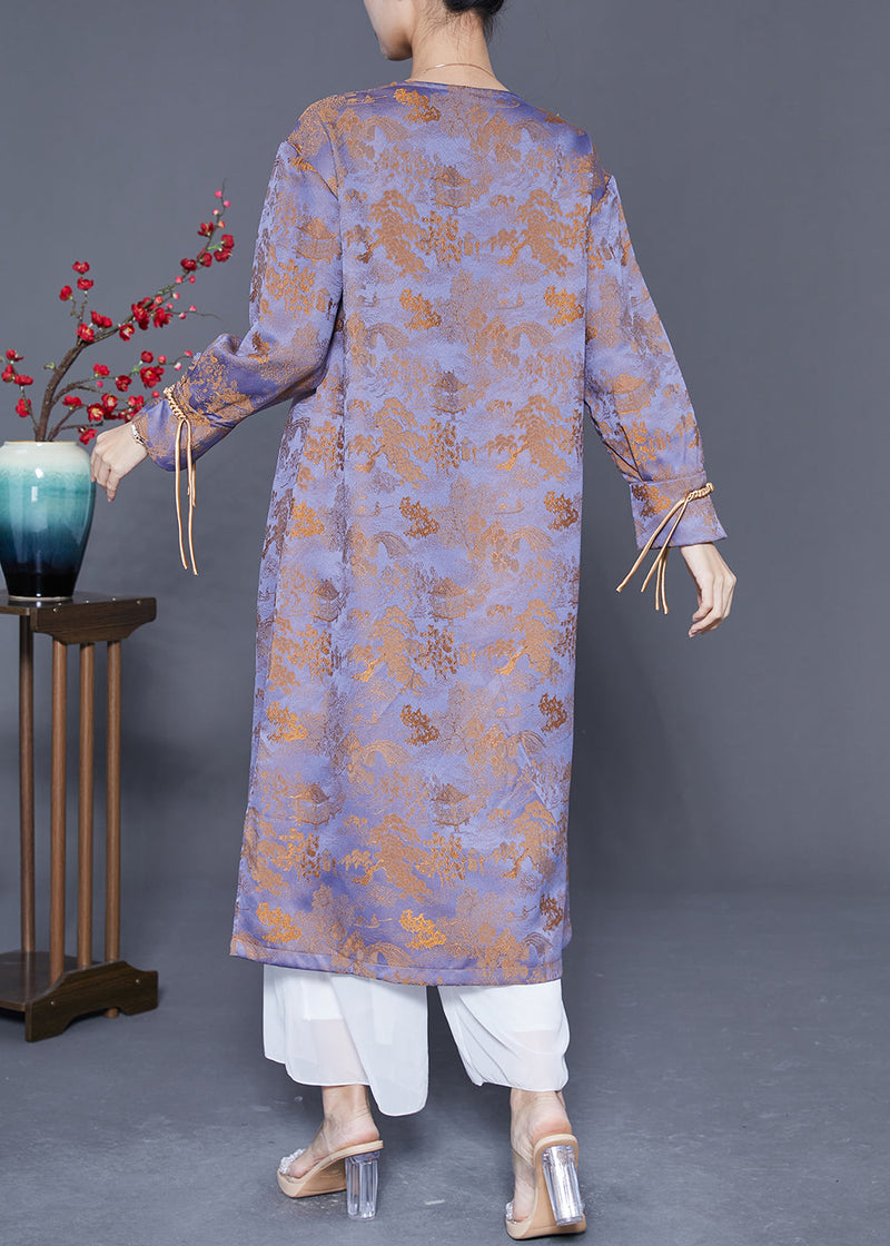 Purple Chinese Button Tassel Jacquard Silk Long Dresses Spring