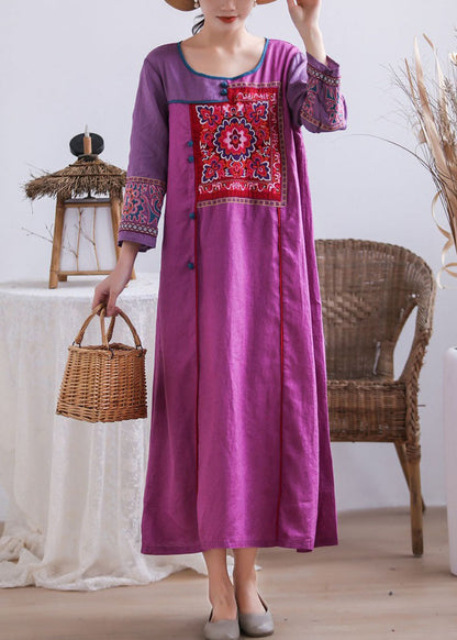 Purple Embroideried Chinese Button Patchwork Linen Long Dresses Summer