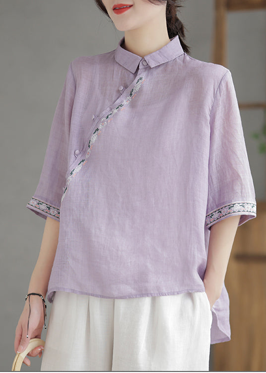 Purple Embroideried Linen Shirt Half Sleeve