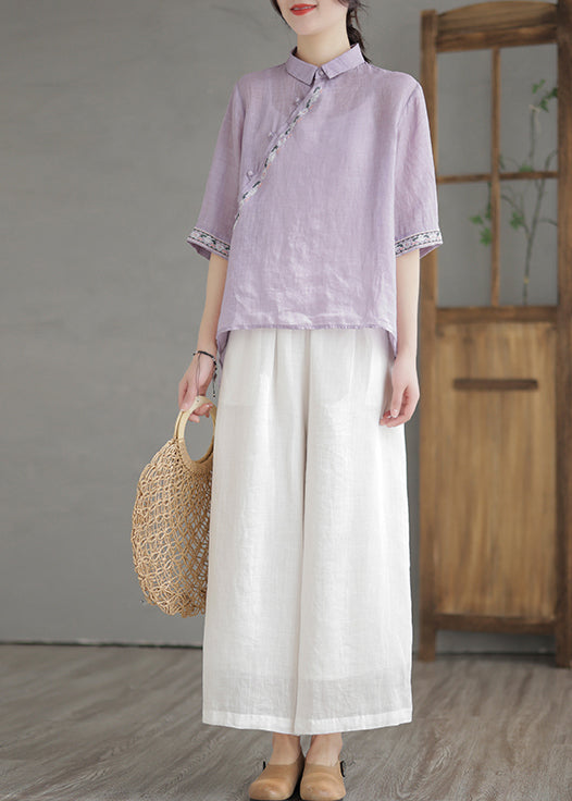 Purple Embroideried Linen Shirt Half Sleeve