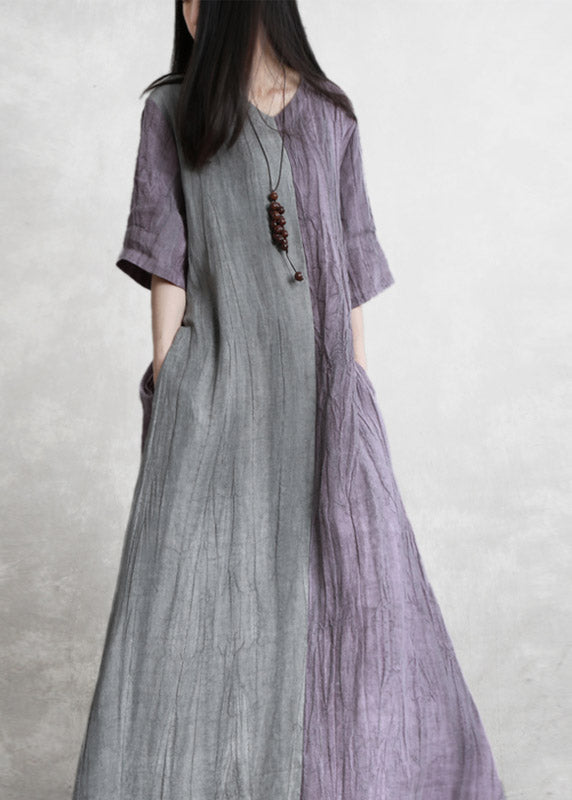 Purple Grey Patchwork V Neck Pockets Wrinkled Tie Waist Linen Dress Half Sleeve
