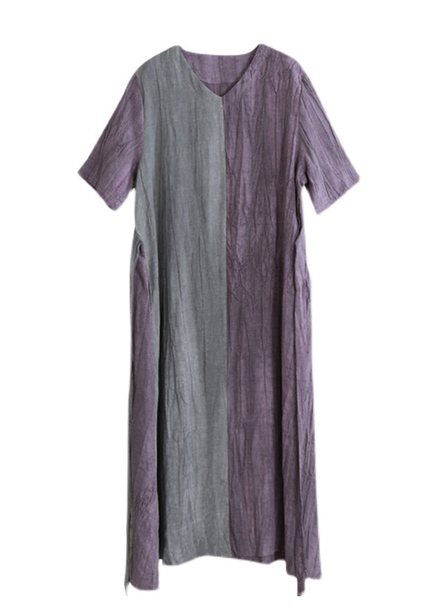 Purple Grey Patchwork V Neck Pockets Wrinkled Tie Waist Linen Dress Half Sleeve