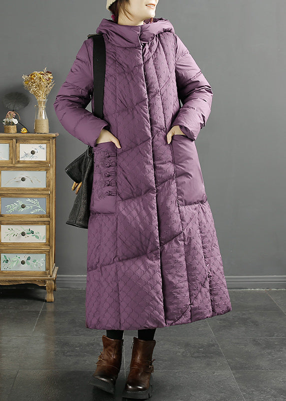 Purple Hooded Pockets Jacquard Duck Down Puffer Coats Winter