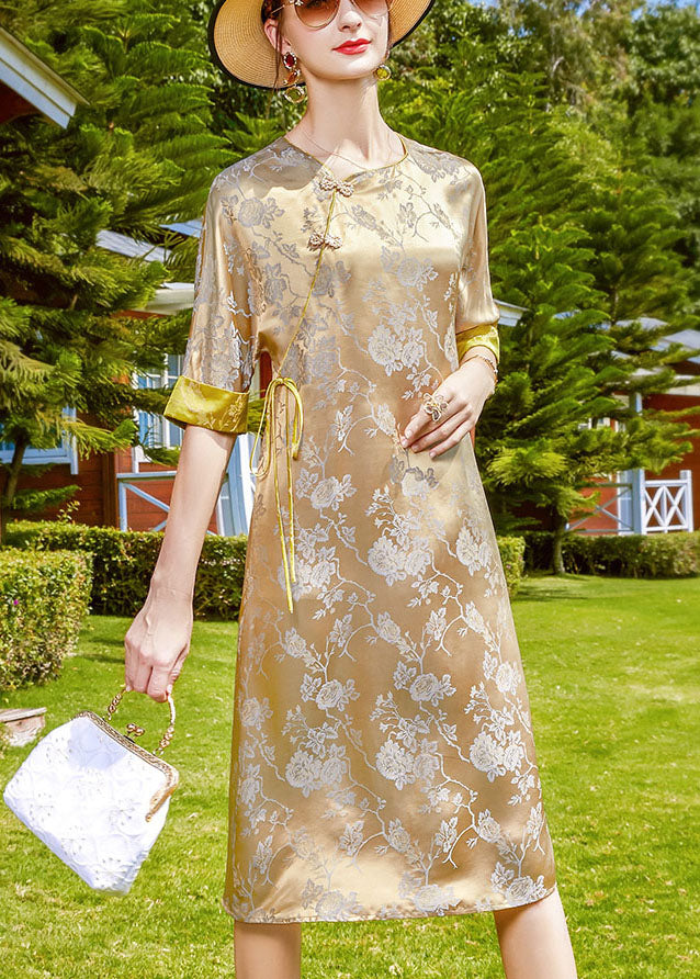 Purple Jacquard O-neck Print Silk Chinese Style Dress Half Sleeve