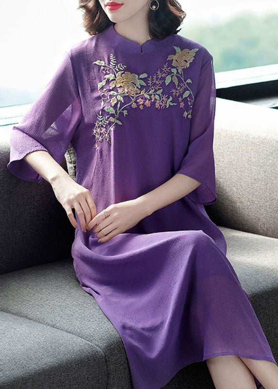 Purple Mandarin Collar Embroideried Silk Long Dress Summer