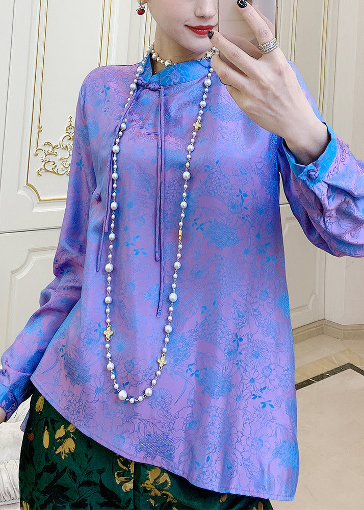 Purple Mandarin Collar Print Button Silk Shirt Top Spring