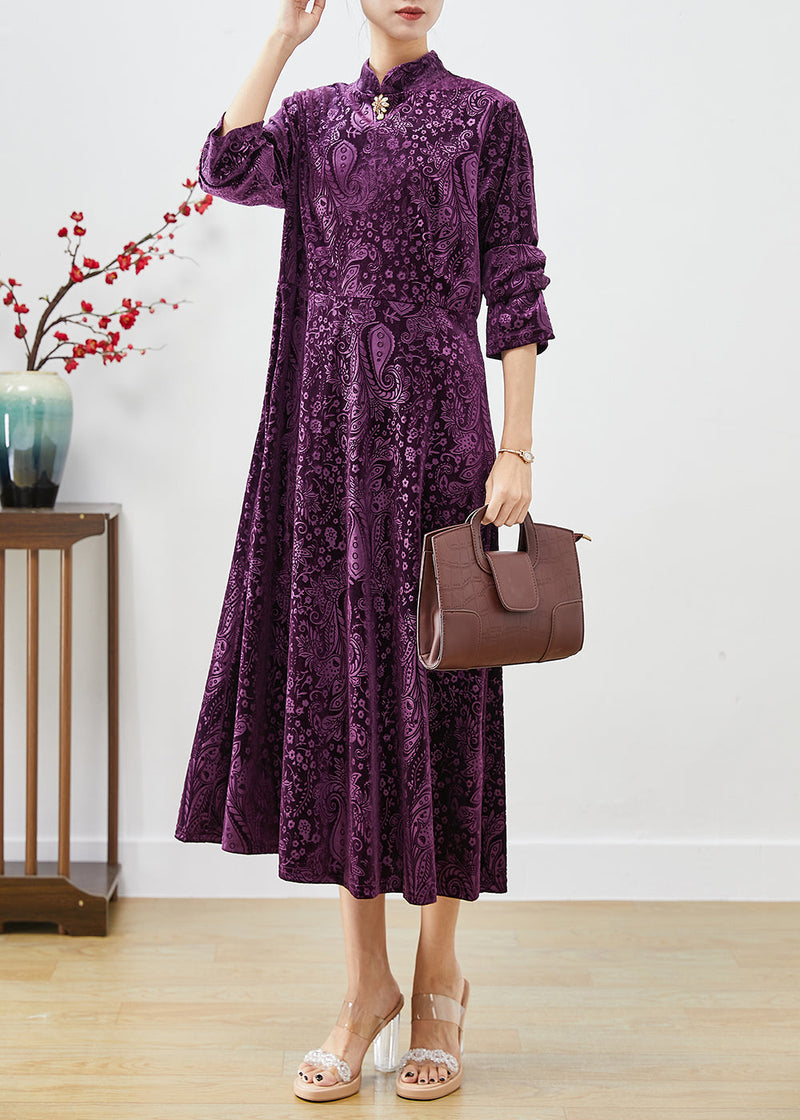 Purple Mandarin Collar Print Silk Velour Dresses Fall
