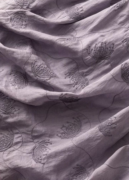 Purple O-neck Embroideried Patchwork Linen Dress Summer
