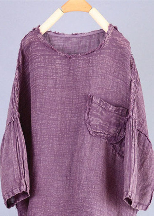 Purple O Neck Patchwork Linen Top Summer