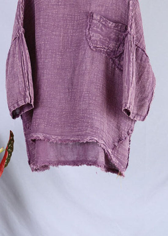 Purple O Neck Patchwork Linen Top Summer