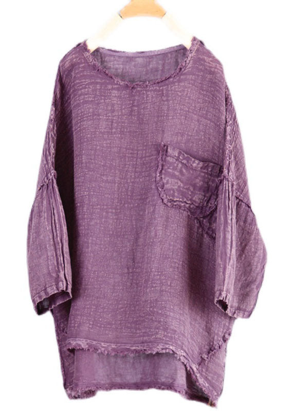 Purple O Neck Patchwork Linen Top Summer