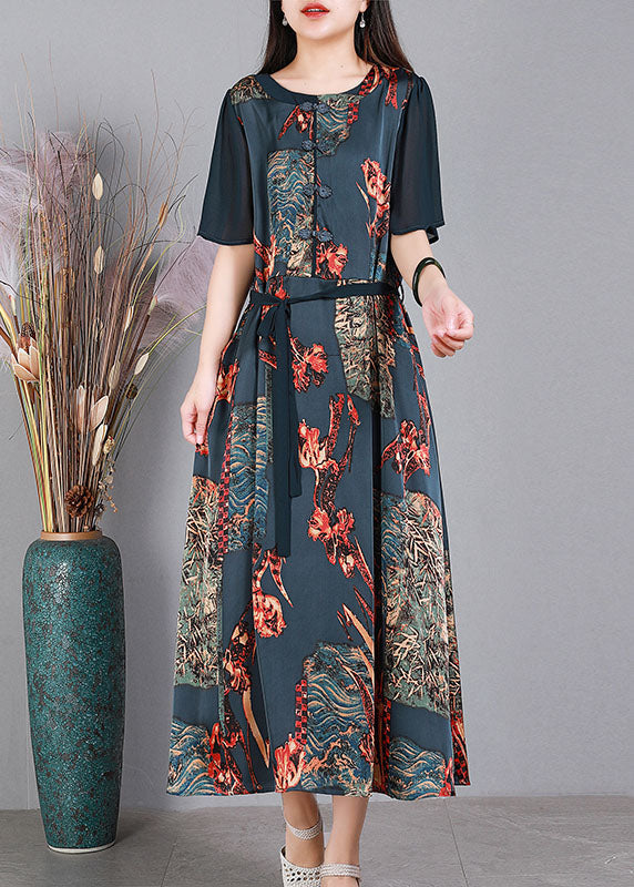 Purple O-neck Patchwork Tie Waist Print Silk Long Dress Short Sleeve