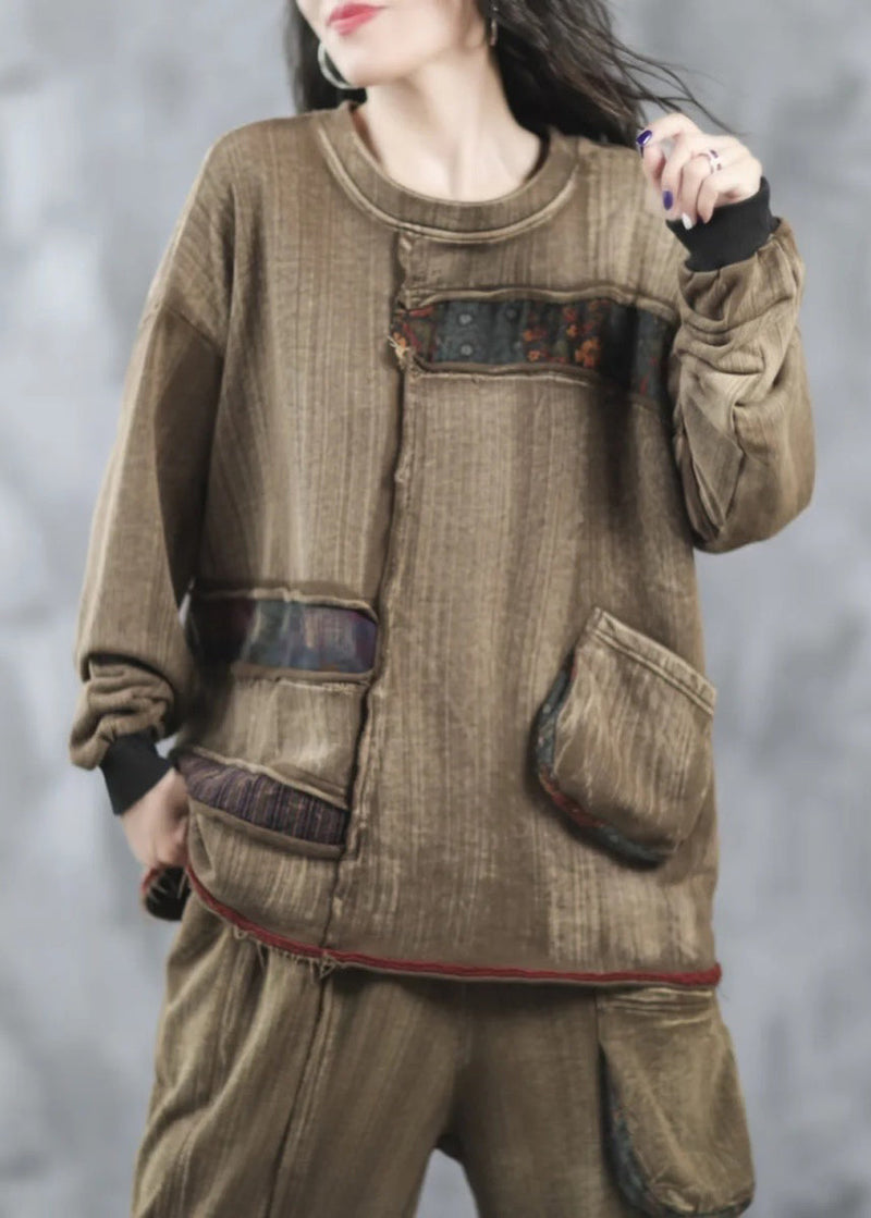 Purple O Neck Pockets Patchwork Cotton Top Spring