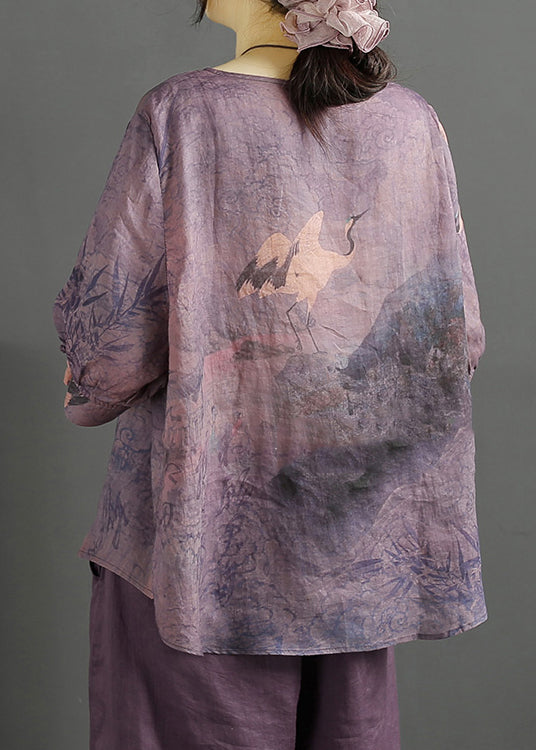 Purple O Neck Print Chinese Button Linen Blouse Tops Half Sleeve