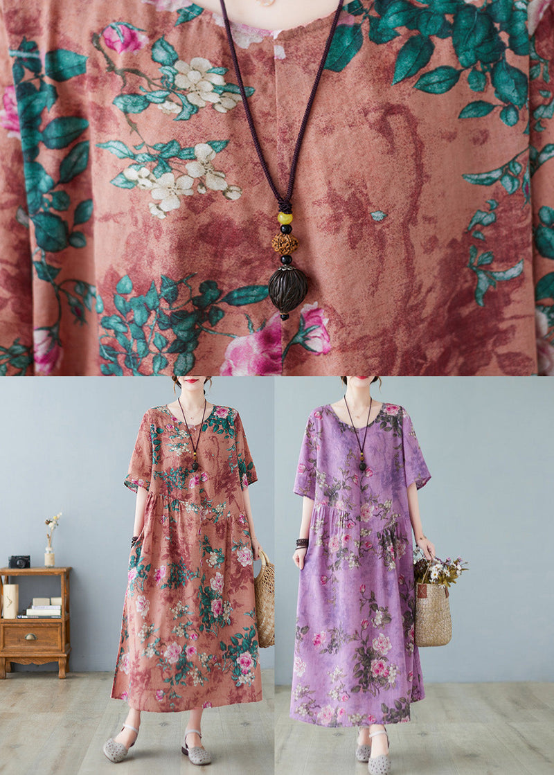 Purple O-neck Print Maxi Dress Summer