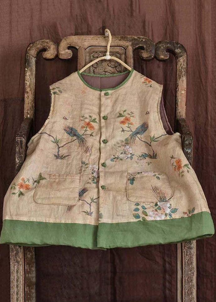 Purple O-neck Print Pockets Fine Cotton Filled Vest Sleeveless