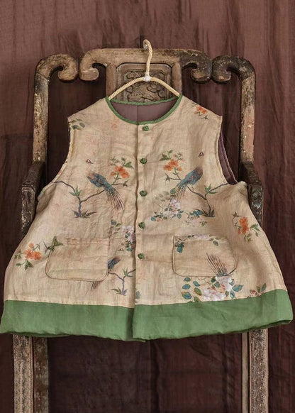 Purple O-neck Print Pockets Fine Cotton Filled Vest Sleeveless
