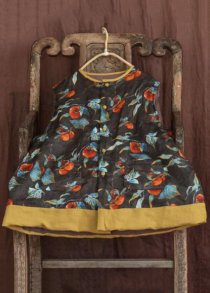 Purple O-neck Print Pockets Fine Cotton Filled Vest Sleeveless