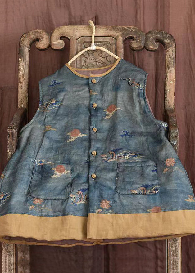Purple O-neck Print Pockets Fine Cotton Filled Vest Sleeveless