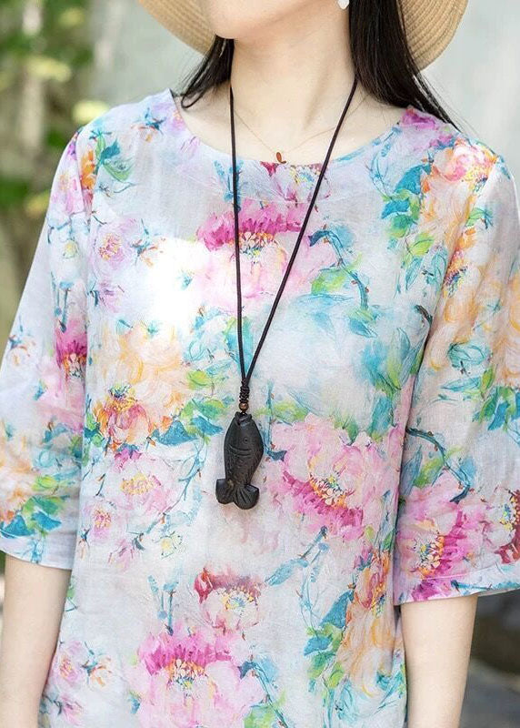 Purple O Neck Print Thin Linen T Shirt Tops Half Sleeve