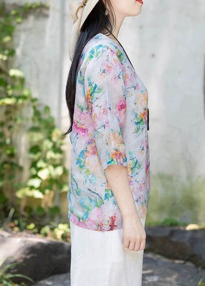 Purple O Neck Print Thin Linen T Shirt Tops Half Sleeve