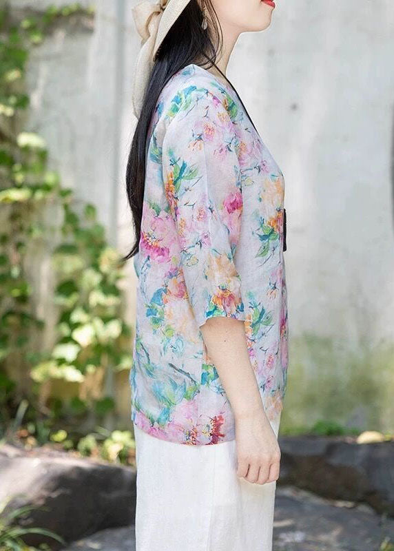 Purple O Neck Print Thin Linen T Shirt Tops Half Sleeve