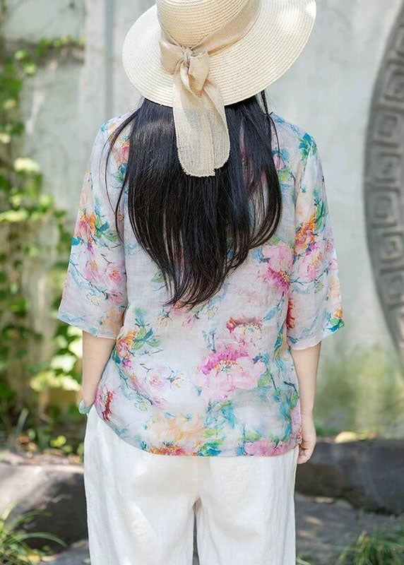Purple O Neck Print Thin Linen T Shirt Tops Half Sleeve