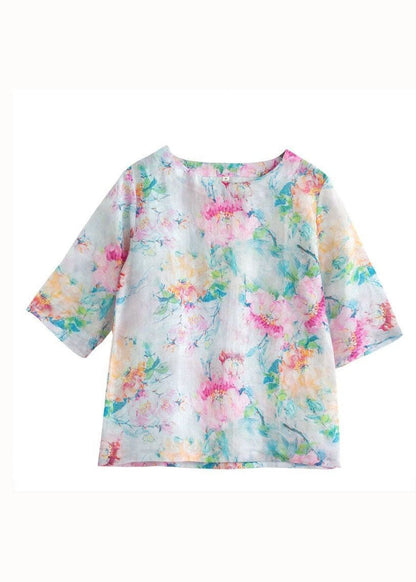 Purple O Neck Print Thin Linen T Shirt Tops Half Sleeve