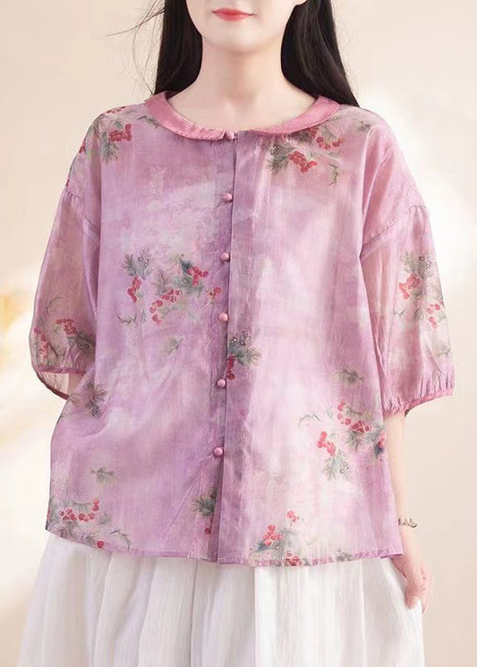 Purple Peter Pan Collar Print Patchwork Linen Shirt Tops Summer