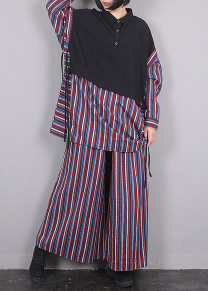 Purple Peter Pan Collar Striped Shirts and Pants Two Pieces Set Winter